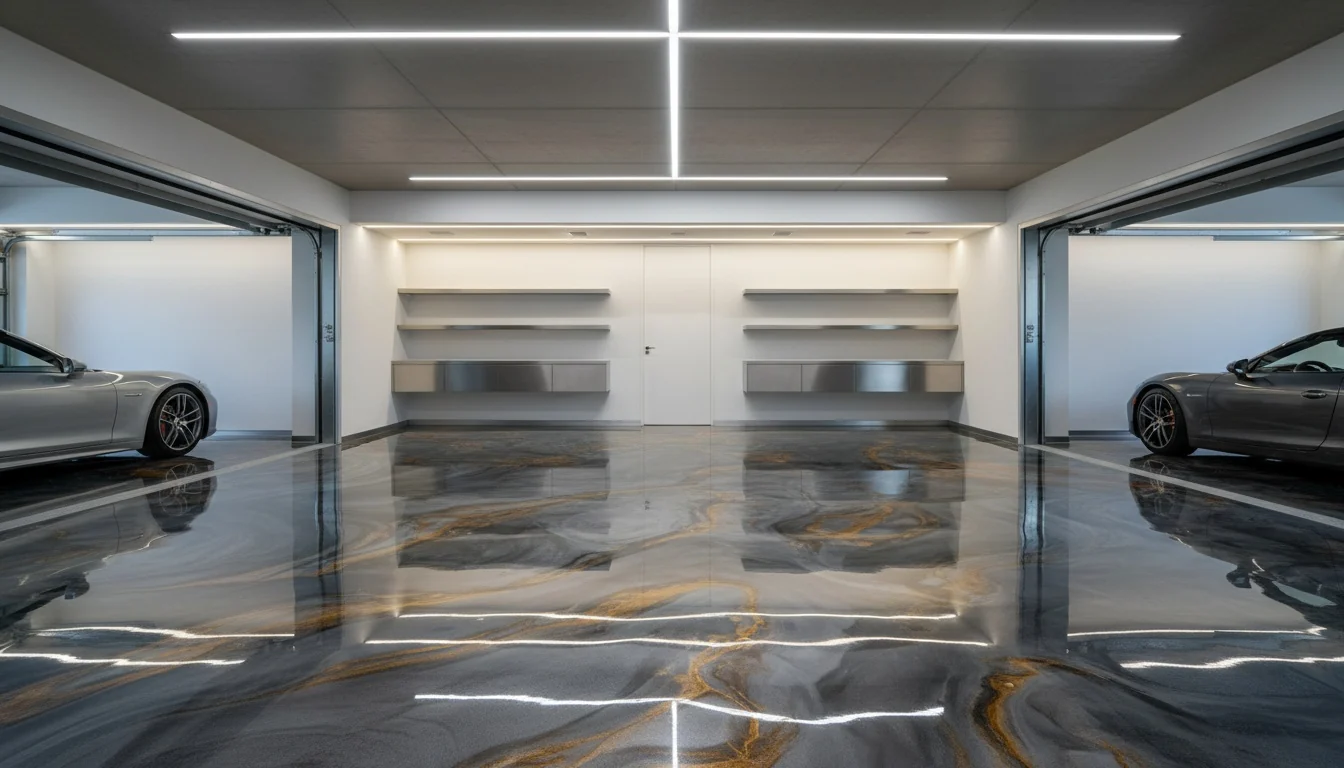 Marbled charcoal and amber metallic epoxy floor in a double garage