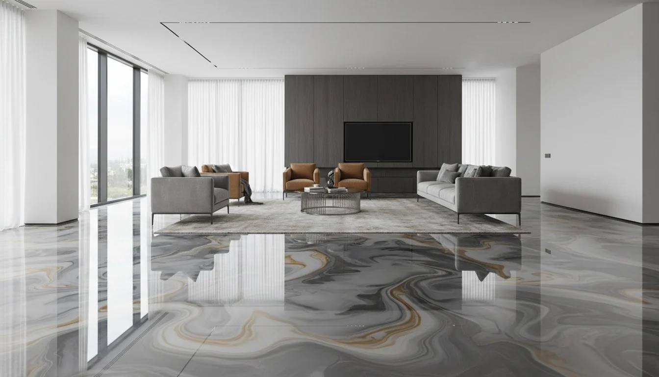 Silver-grey metallic epoxy floor in an open-plan living room