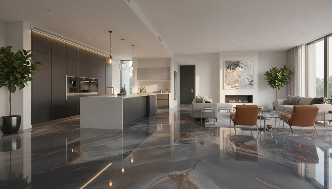 Charcoal metallic epoxy floor with copper veining in an open-plan kitchen and lounge